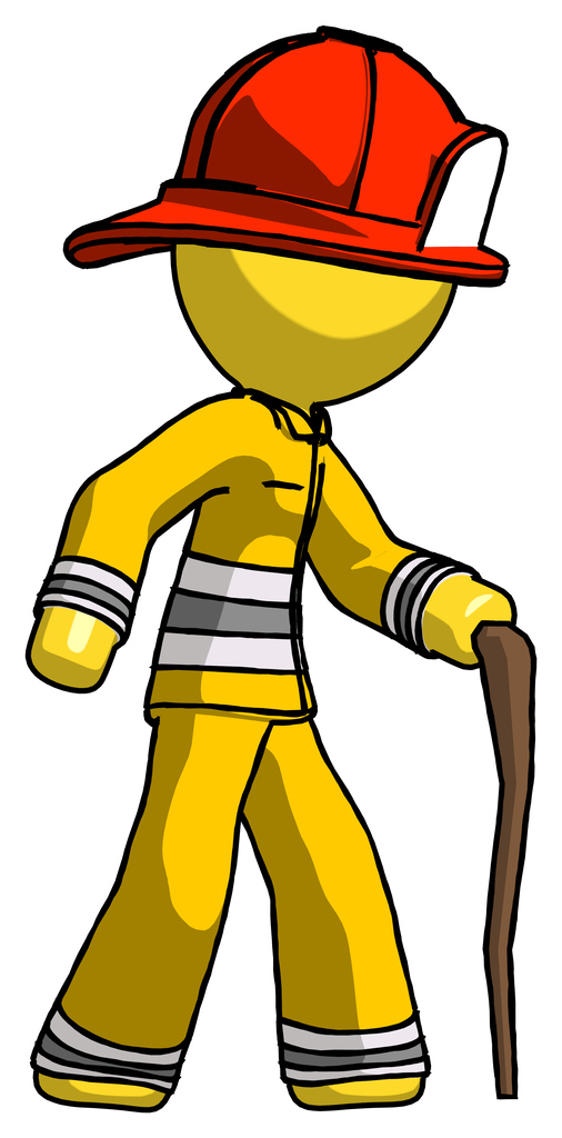 Yellow Firefighter Fireman Man walking with hiking stick
