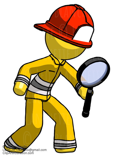 Yellow Firefighter Fireman Man Inspecting With Large Magnifying Glass Right #14151