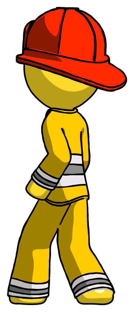 Yellow Firefighter Fireman man walking away direction left view