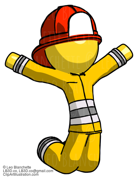 Yellow Firefighter Fireman Man Jumping Or Kneeling With Gladness #14154