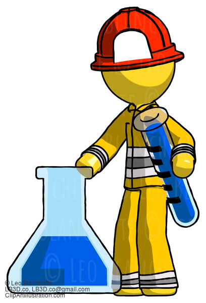 Yellow Firefighter Fireman Man Holding Test Tube Beside Beaker Or Flask #14155