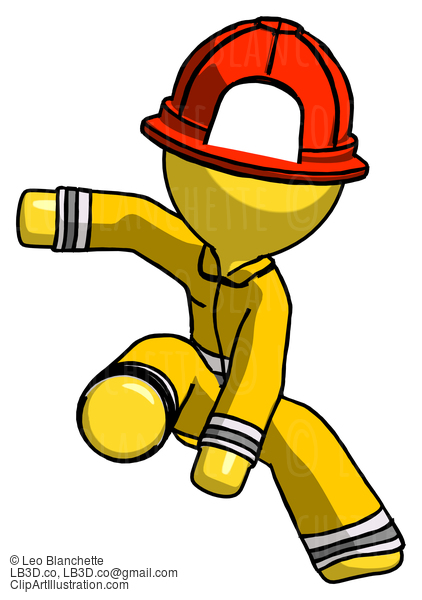 Yellow Firefighter Fireman Man Action Hero Jump Pose #14158