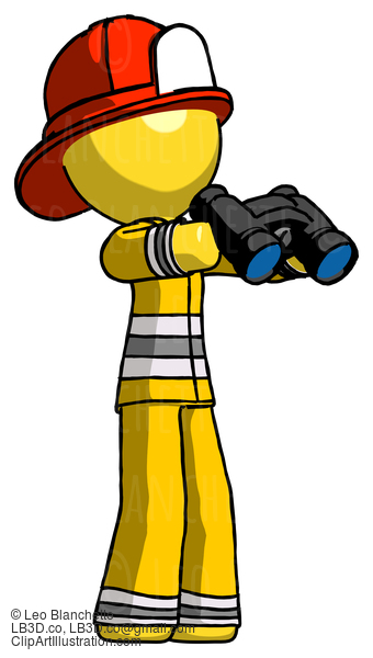 Yellow Firefighter Fireman Man Holding Binoculars Ready To Look Right #14159