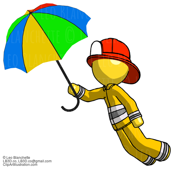 Yellow Firefighter Fireman Man Flying With Rainbow Colored Umbrella #14161