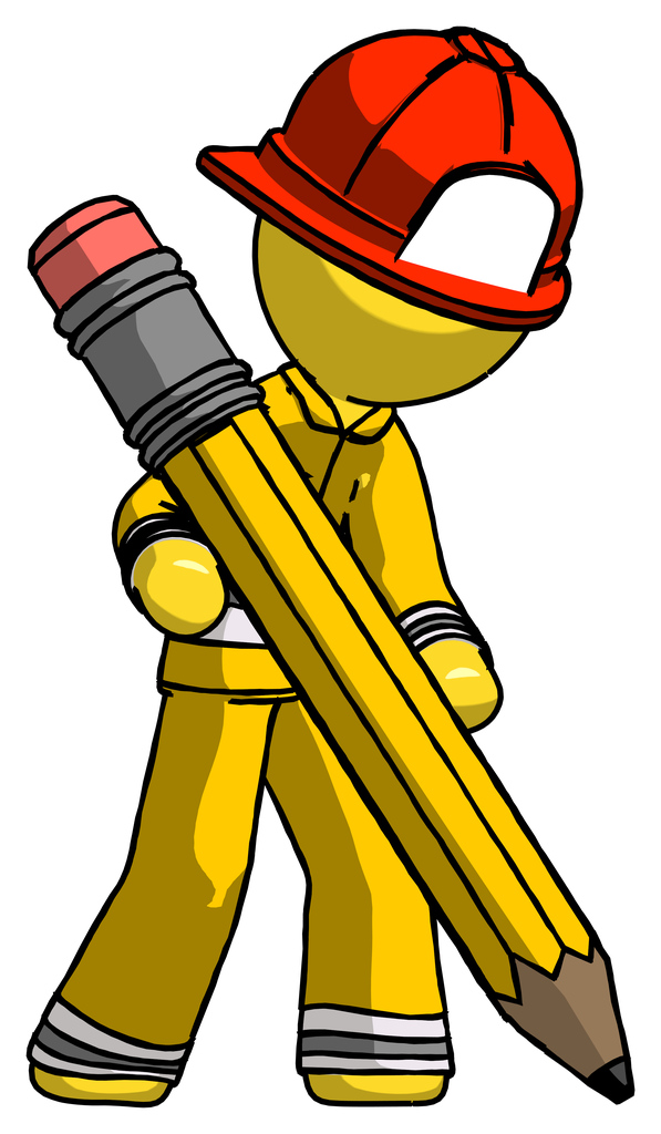 Yellow Firefighter Fireman Man writing with large pencil