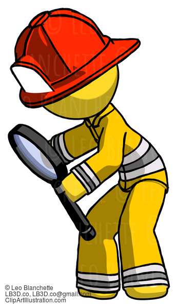 Yellow Firefighter Fireman Man Inspecting With Large Magnifying Glass Left #14164