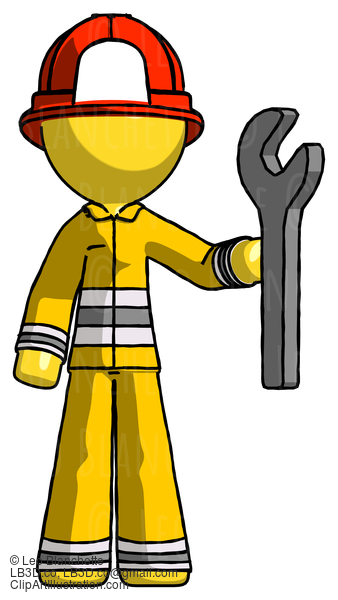 Yellow Firefighter Fireman Man Holding Wrench Ready To Repair Or Work #14165