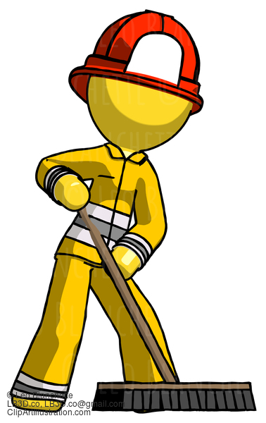 Yellow Firefighter Fireman Man Cleaning Services Janitor Sweeping Floor With Push Broom #14166