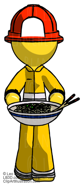 Yellow Firefighter Fireman Man Serving Or Presenting Noodles #14167