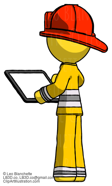 Yellow Firefighter Fireman Man Looking At Tablet Device Computer With Back To Viewer #14168