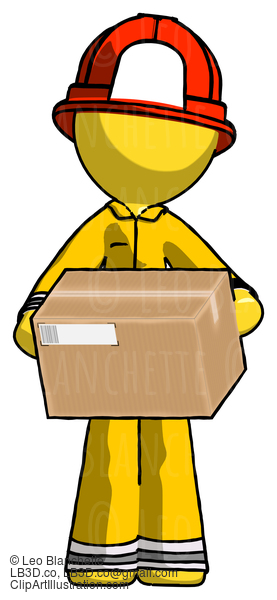 Yellow Firefighter Fireman Man Holding Box Sent Or Arriving In Mail #14169