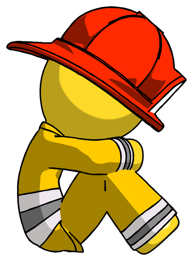 Yellow Firefighter Fireman Man Sitting with Head Down Facing Sideways Right