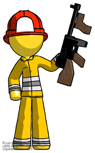 Yellow Firefighter Fireman Man Holding Tommygun #14173