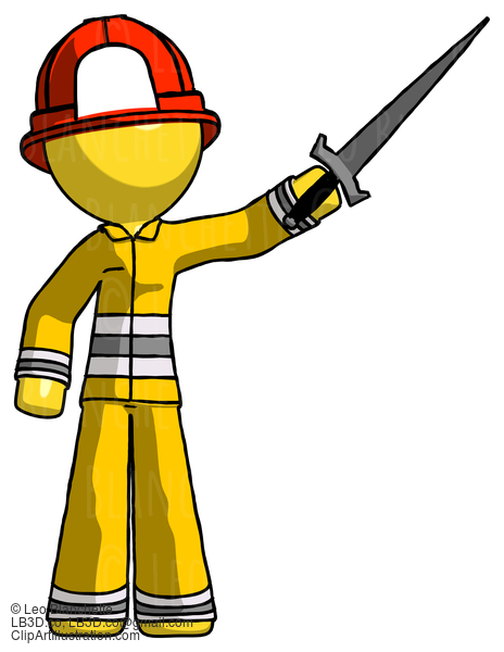 Yellow Firefighter Fireman Man Holding Sword In The Air Victoriously #14174