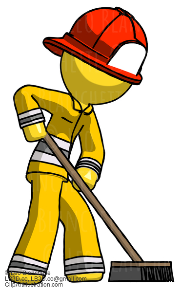 Yellow Firefighter Fireman Man Cleaning Services Janitor Sweeping Side View #14179