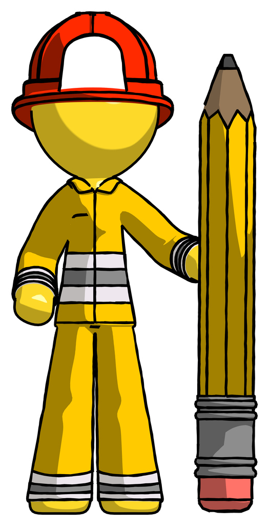 Yellow Firefighter Fireman Man with large pencil standing ready to write