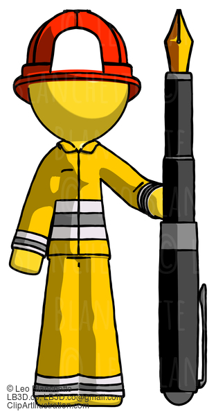 Yellow Firefighter Fireman Man Holding Giant Calligraphy Pen #14187