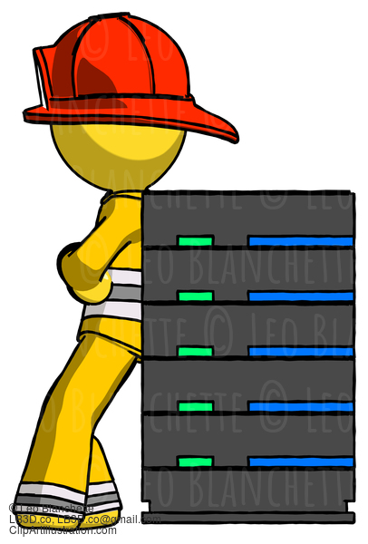 Yellow Firefighter Fireman Man Resting Against Server Rack #14188