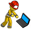 Yellow Firefighter Fireman Man throwing laptop computer in frustration