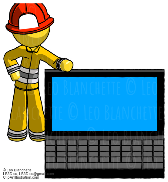 Yellow Firefighter Fireman Man Beside Large Laptop Computer, Leaning Against It #14190