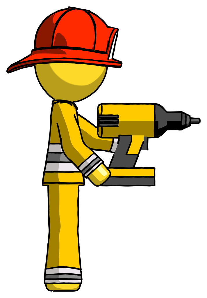 Yellow Firefighter Fireman Man Using Drill Drilling Something On Right Side