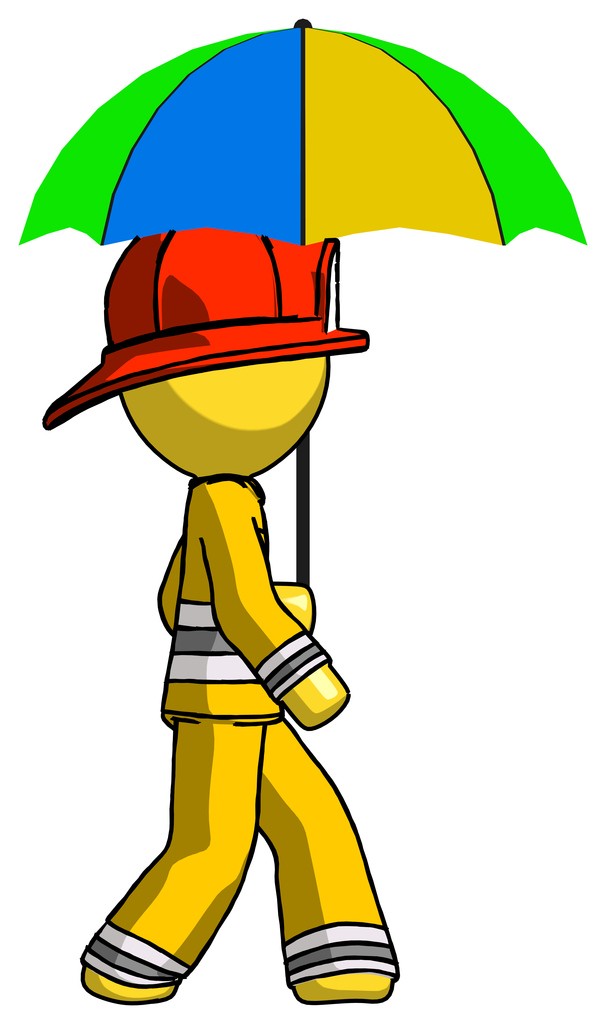 Yellow Firefighter Fireman Man Walking With Colored Umbrella