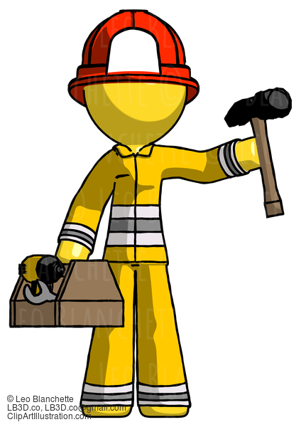 Yellow Firefighter Fireman Man Holding Tools And Toolchest Ready To Work #14193