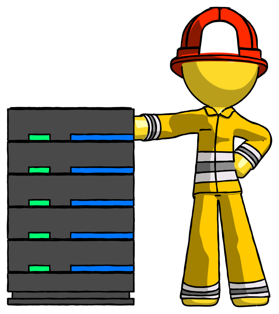 Yellow Firefighter Fireman Man With Server Rack Leaning Confidently Against It