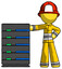 Yellow Firefighter Fireman Man With Server Rack Leaning Confidently Against It