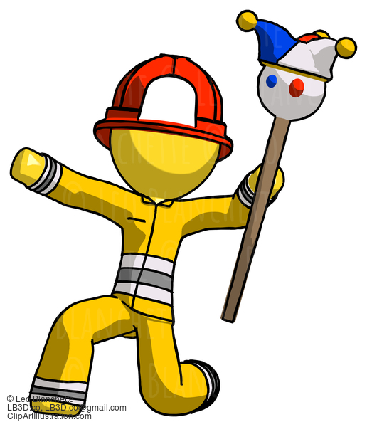 Yellow Firefighter Fireman Man Holding Jester Staff Posing Charismatically #14197