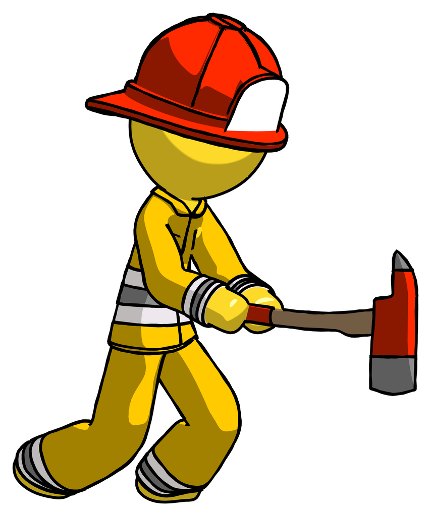 Yellow Firefighter Fireman Man with ax hitting, striking, or chopping