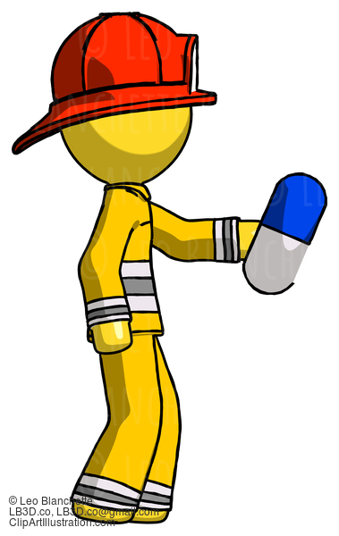 Yellow Firefighter Fireman Man Holding Blue Pill Walking To Right #14205