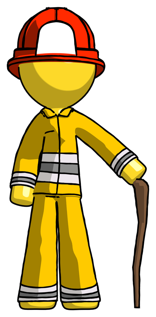 Yellow Firefighter Fireman Man standing with hiking stick