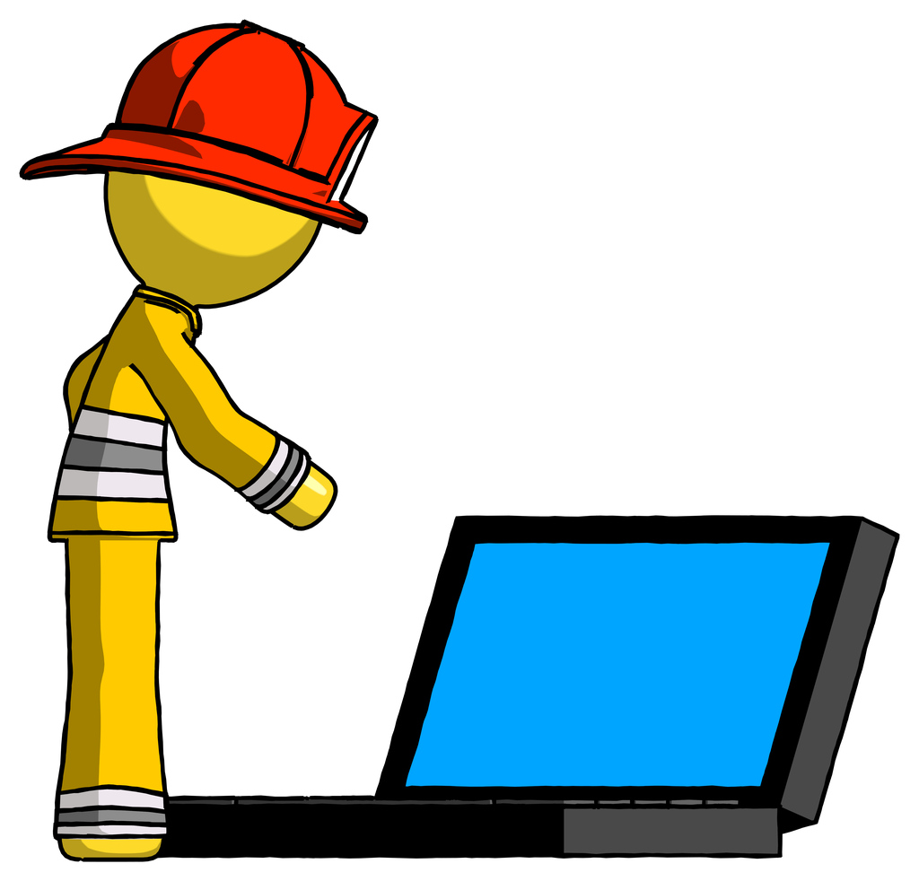 Yellow Firefighter Fireman Man using large laptop computer side orthographic view