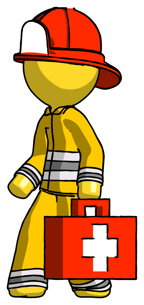 Yellow Firefighter Fireman Man Walking With Medical Aid Briefcase To Left
