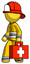 Yellow Firefighter Fireman Man Walking With Medical Aid Briefcase To Left