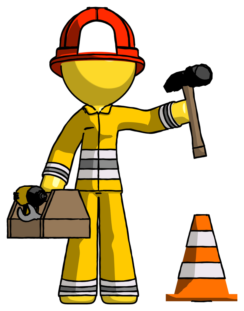 Yellow Firefighter Fireman Man Under Construction Concept, Traffic Cone And Tools