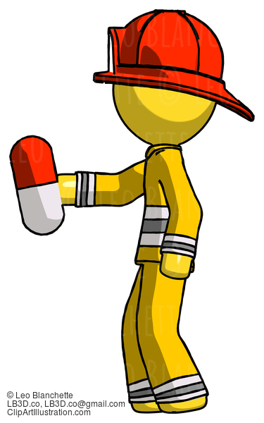 Yellow Firefighter Fireman Man Holding Red Pill Walking To Left #14214