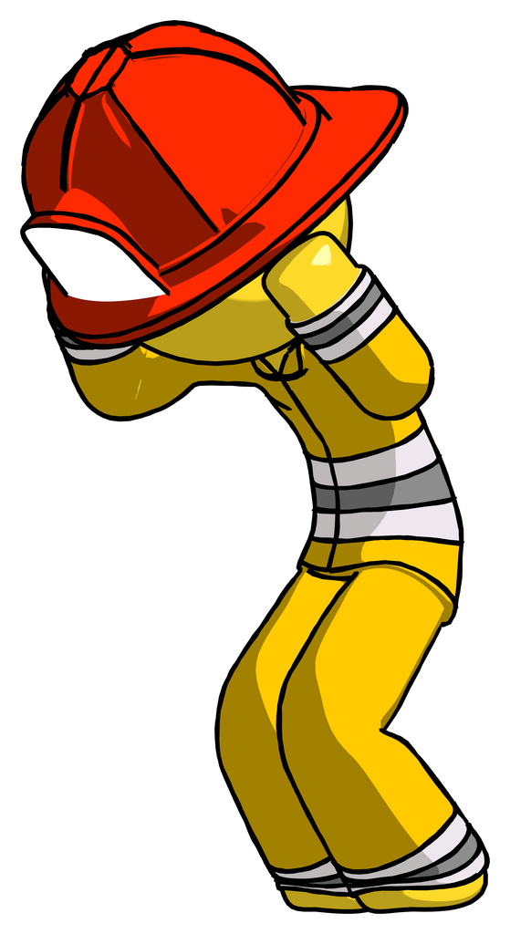 Yellow Firefighter Fireman Man with Headache or Covering Ears Turned to His Left