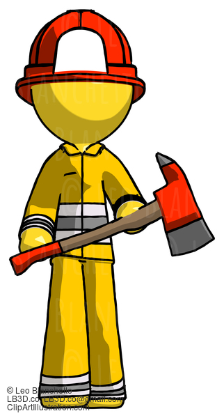 Yellow Firefighter Fireman Man Holding Red Fire Fighter’S Ax #14219