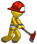 Yellow Firefighter Fireman Man striking with a red firefighter's ax