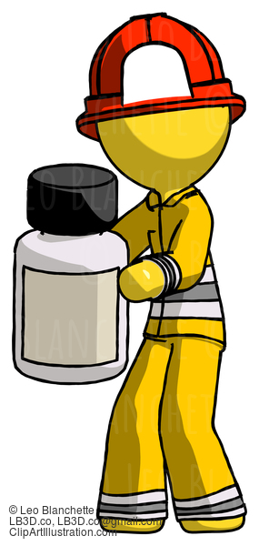 Yellow Firefighter Fireman Man Holding White Medicine Bottle #14227