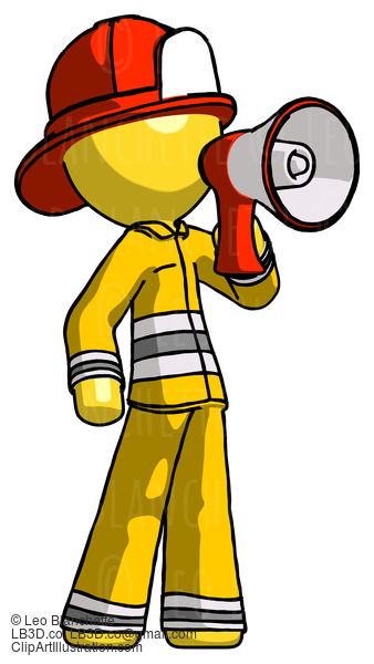 Yellow Firefighter Fireman Man Shouting Into Megaphone Bullhorn Facing Right #14230