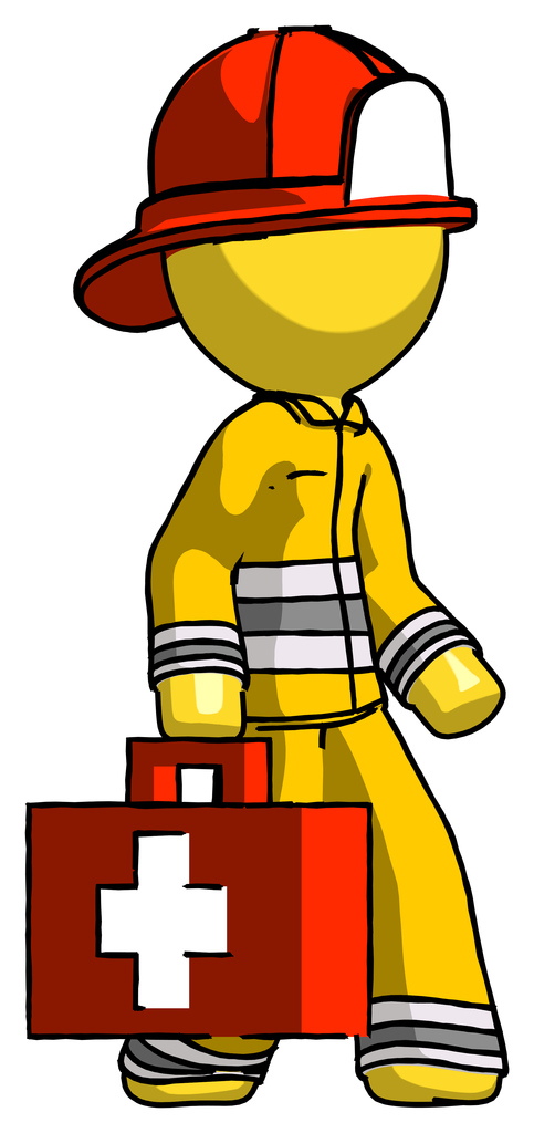 Yellow Firefighter Fireman Man Walking With Medical Aid Briefcase To Right