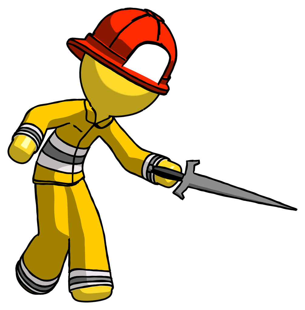 Yellow Firefighter Fireman Man sword pose stabbing or jabbing