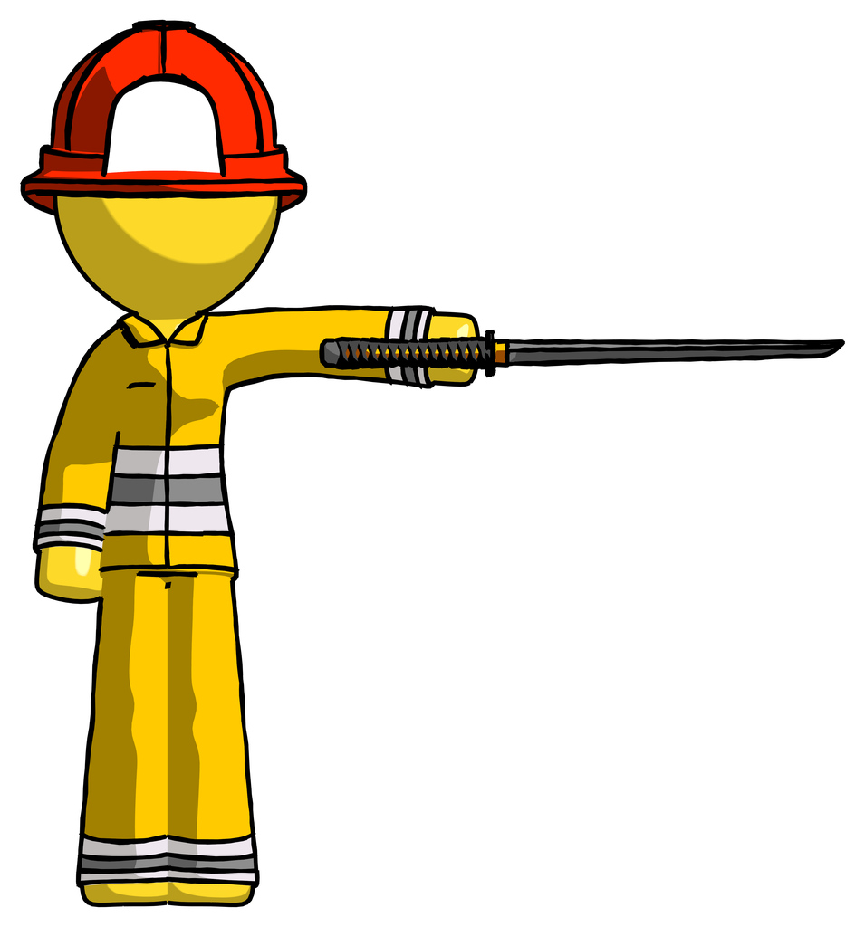 Yellow Firefighter Fireman Man standing with ninja sword katana pointing right