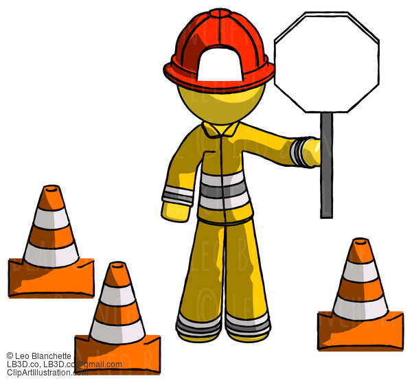 Yellow Firefighter Fireman Man Holding Stop Sign By Traffic Cones Under Construction Concept #14240