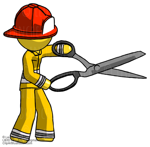 Yellow Firefighter Fireman Man Holding Giant Scissors Cutting Out Something #14241