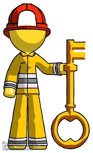 Yellow Firefighter Fireman Man Holding Key Made Of Gold #14242