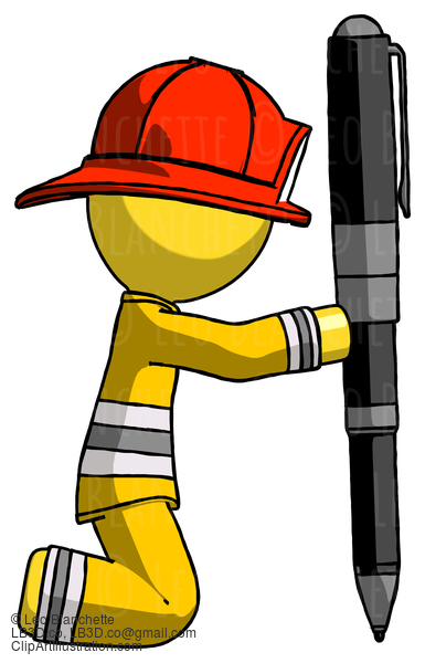 Yellow Firefighter Fireman Man Posing With Giant Pen In Powerful Yet Awkward Manner. #14247